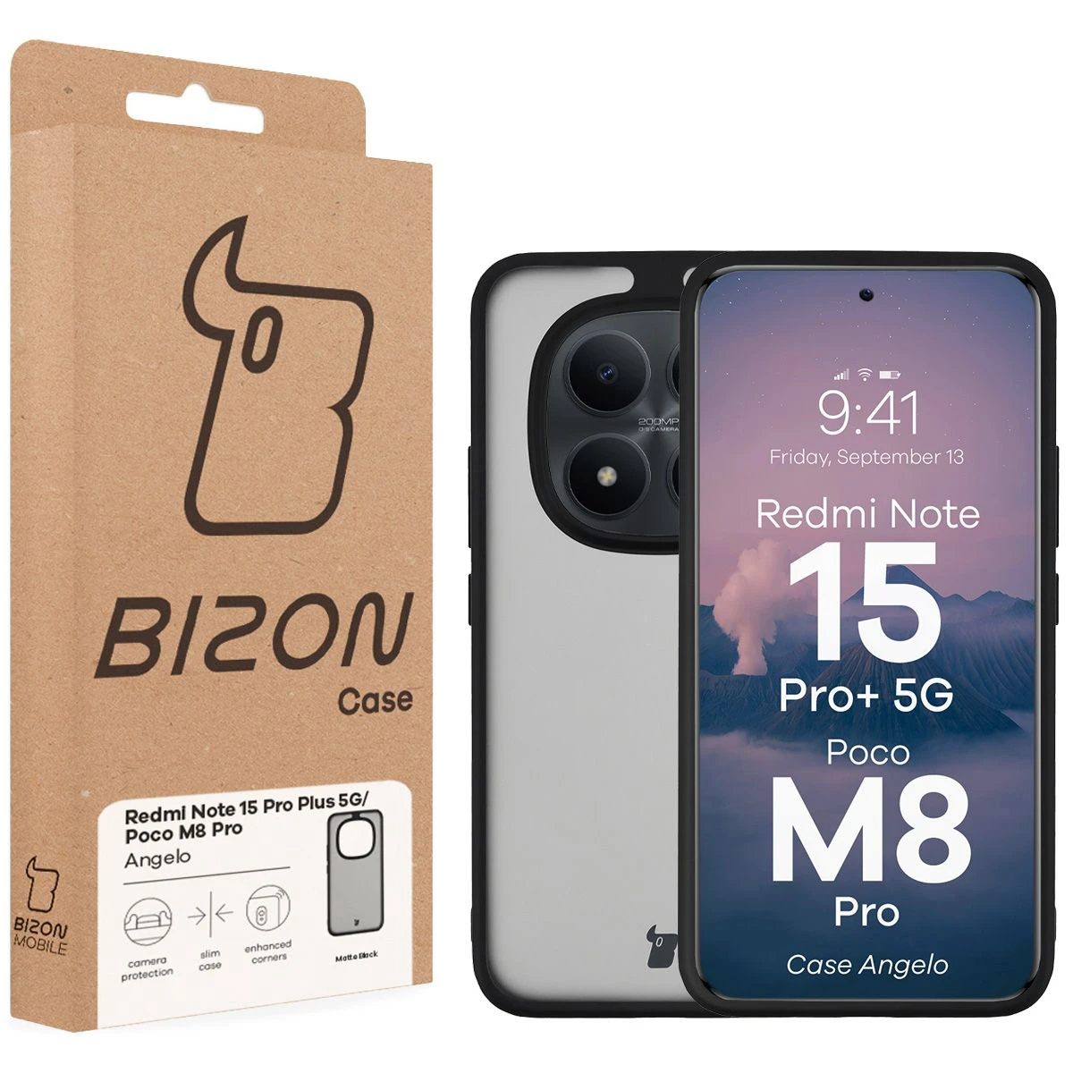 Przód pudełka Bizon Case z dedykowaną etykietą do Xiaomi Redmi Note 15 Pro Plus 5G / POCO M8 Pro 5G